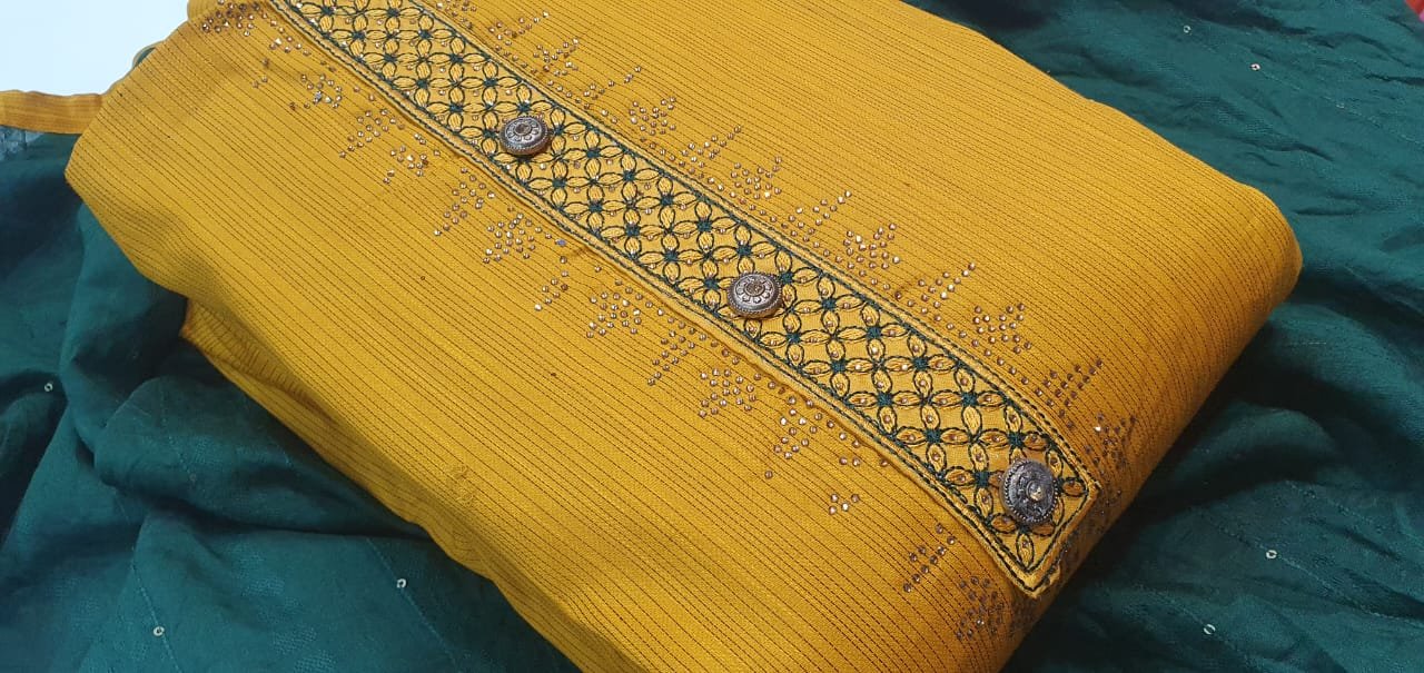 Floral Yellow and Green Silk Cotton Shalwar Material Floral Yellow and Green Silk Cotton Shalwar Material