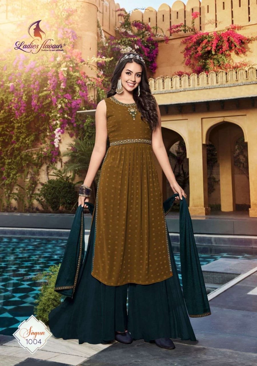 Designer Olive Green Frock Style Women Kurthi With Contrasting Blue Palazzo Pant, - Image 2