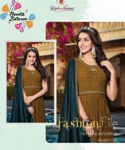 Designer Olive Green Frock Style Women Kurthi With Contrasting Blue Palazzo Pant,