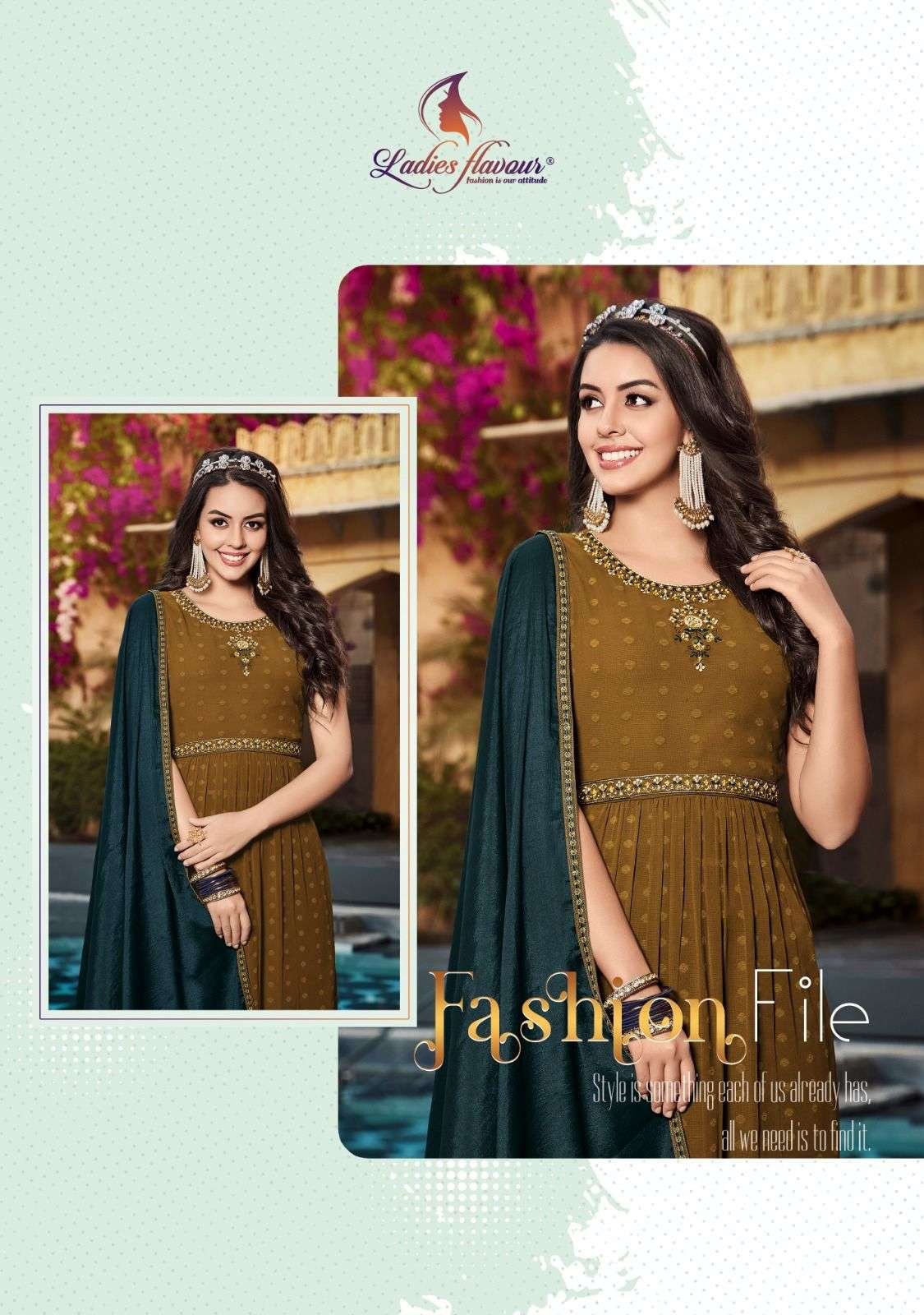 Designer Olive Green Frock Style Women Kurthi With Contrasting Blue Palazzo Pant,