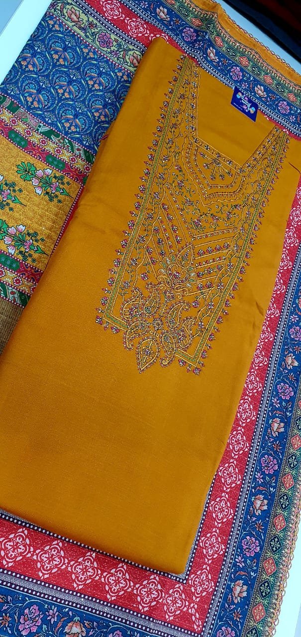 Yellow Colour Fancy Swaroski Work Unstitch Salwar Kameez With Cotton Digital Print Dupatta Yellow Colour Fancy Swaroski Work Unstitch Salwar Kameez With Cotton Digital Print Dupatta - Image 2