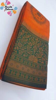 Chakra Designer Orange and Green Gold Big Border Semi Silk Saree