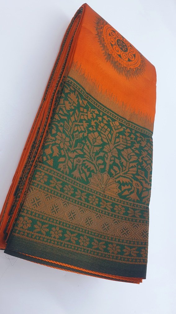 Chakra Designer Orange and Green Gold Big Border Semi Silk Saree Chakra Designer Orange and Green Gold Big Border Semi Silk Saree