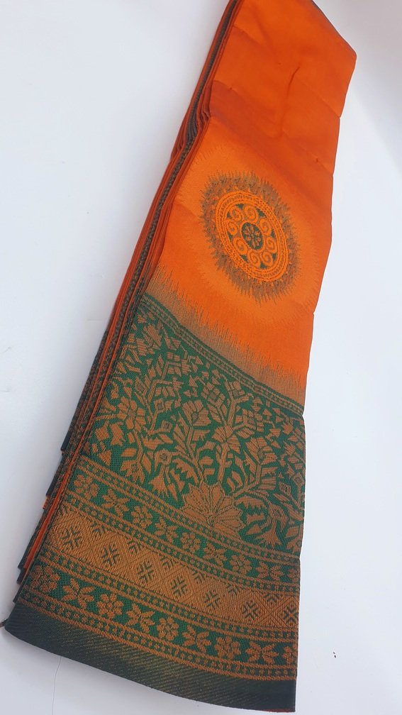 Chakra Designer Orange and Green Gold Big Border Semi Silk Saree Chakra Designer Orange and Green Gold Big Border Semi Silk Saree - Image 2