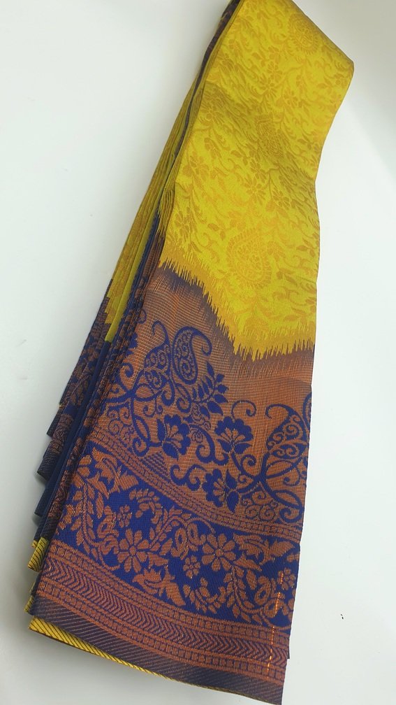 Floral Designer Yellow and Blue Big Border Semi Silk Saree - Image 2