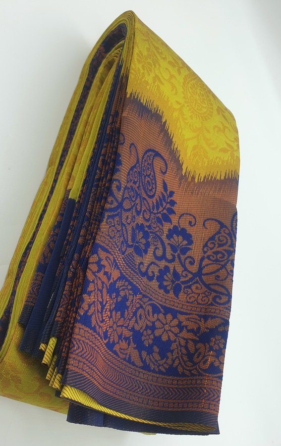 Floral Designer Yellow and Blue Big Border Semi Silk Saree