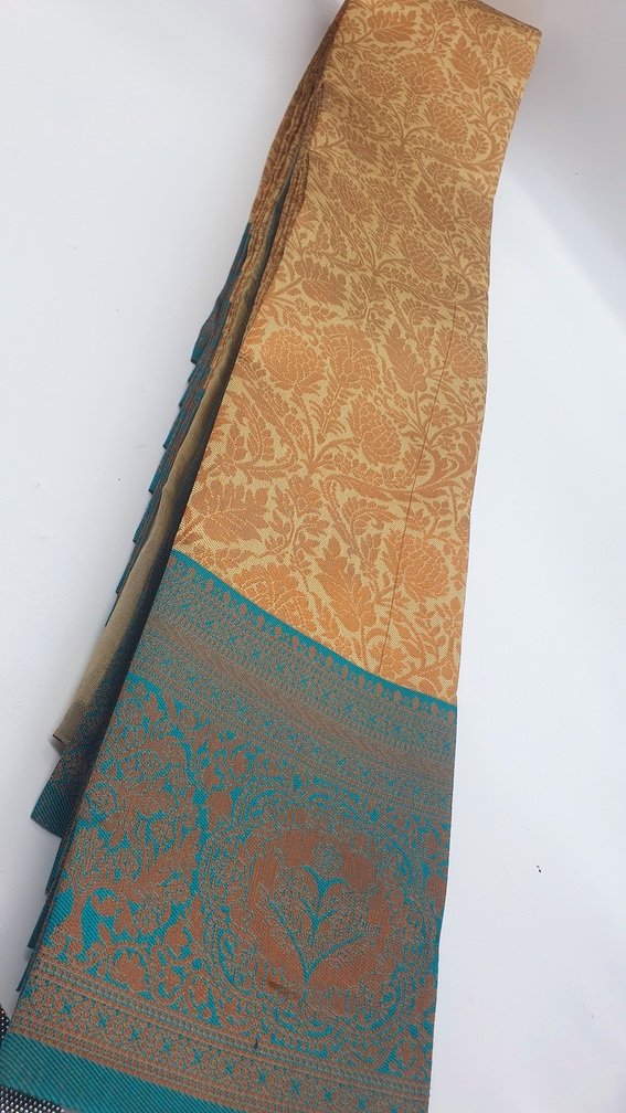 Floral Designer Mustard & Green Big Border Semi Silk Saree Floral Designer Mustard & Green Big Border Semi Silk Saree - Image 2
