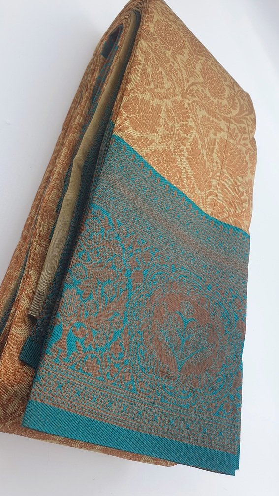 Floral Designer Mustard & Green Big Border Semi Silk Saree Floral Designer Mustard & Green Big Border Semi Silk Saree
