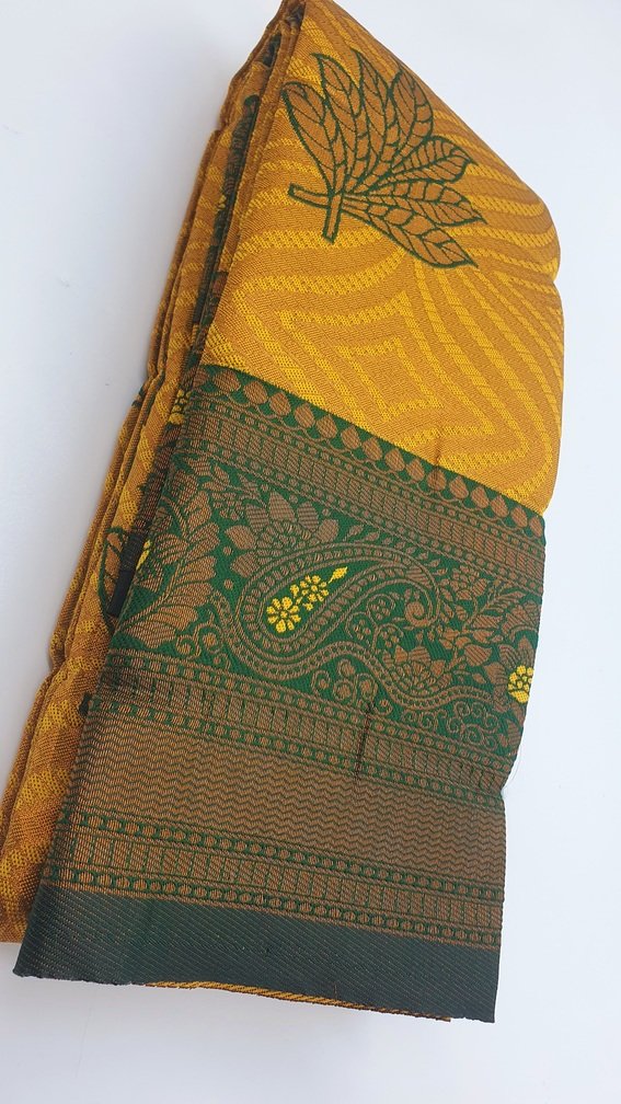 Floral Designer Yellow and Green Big Border Semi Silk Saree
