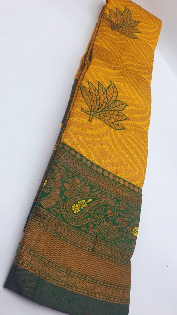 Floral Designer Yellow and Green Big Border Semi Silk Saree - Image 3