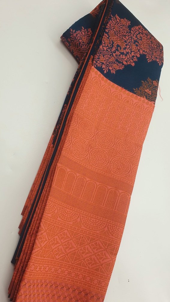 Floral Designer Blue and Peach Big Border Semi Silk Saree Floral Designer Blue and Peach Big Border Semi Silk Saree - Image 4