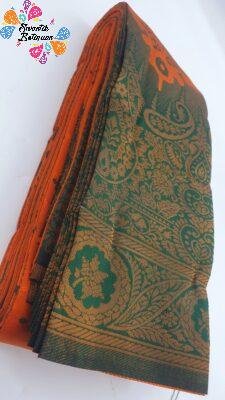 Floral Designer Orange and Green Big Border Semi Silk Saree