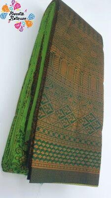 Floral Designer Apple Green and Dark Green Gold  Big Border Semi Silk Saree