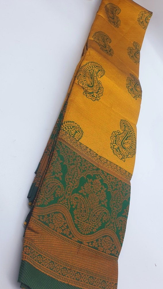 Floral Designer Yellow and Green Big Border Semi Silk Saree - Image 3
