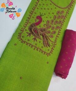 Apple Green and Pink Colour Peacock Aari Work Designer Shalwar Material