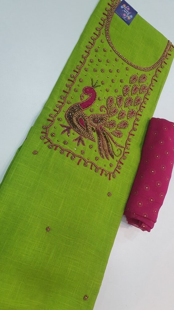 Apple Green and Pink Colour Peacock Aari Work Designer Shalwar Material Apple Green and Pink Colour Peacock Aari Work Designer Shalwar Material
