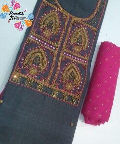 Grey and Pink Colour Aari Work Designer Shalwar Material