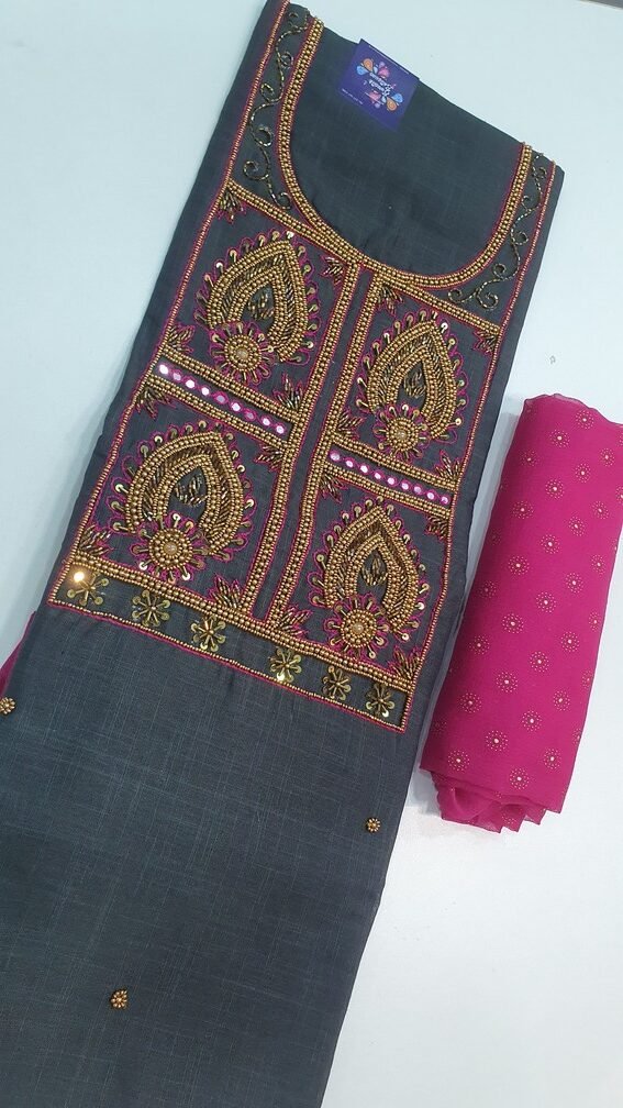 Grey and Pink Colour Aari Work Designer Shalwar Material Grey and Pink Colour Aari Work Designer Shalwar Material