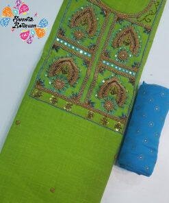 Apple Green and Blue Colour Aari Work Designer Shalwar Material