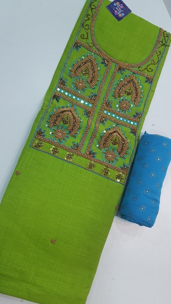 Apple Green and Blue Colour Aari Work Designer Shalwar Material Apple Green and Blue Colour Aari Work Designer Shalwar Material