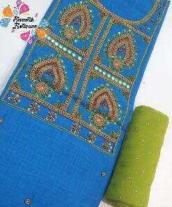 Blue and Apple Green Colour Aari Work Designer Shalwar Material