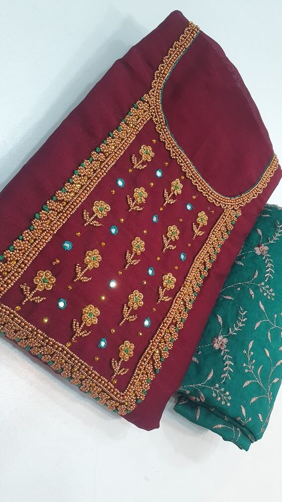 Red and Green Colour Aari Work Designer Shalwar Material Red and Green Colour Aari Work Designer Shalwar Material