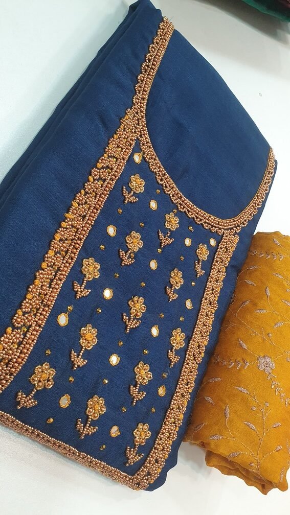 Blue and Yellow Colour Aari Work Designer Shalwar Material Blue and Yellow Colour Aari Work Designer Shalwar Material