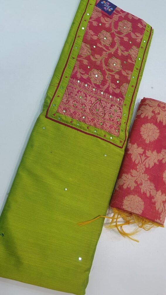 Apple Green and Red Colour Floral Designer Shalwar Material, Apple Green and Red Colour Floral Designer Shalwar Material,
