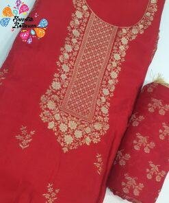 Floral Designer Red and Gold Banaras Shalwar Material