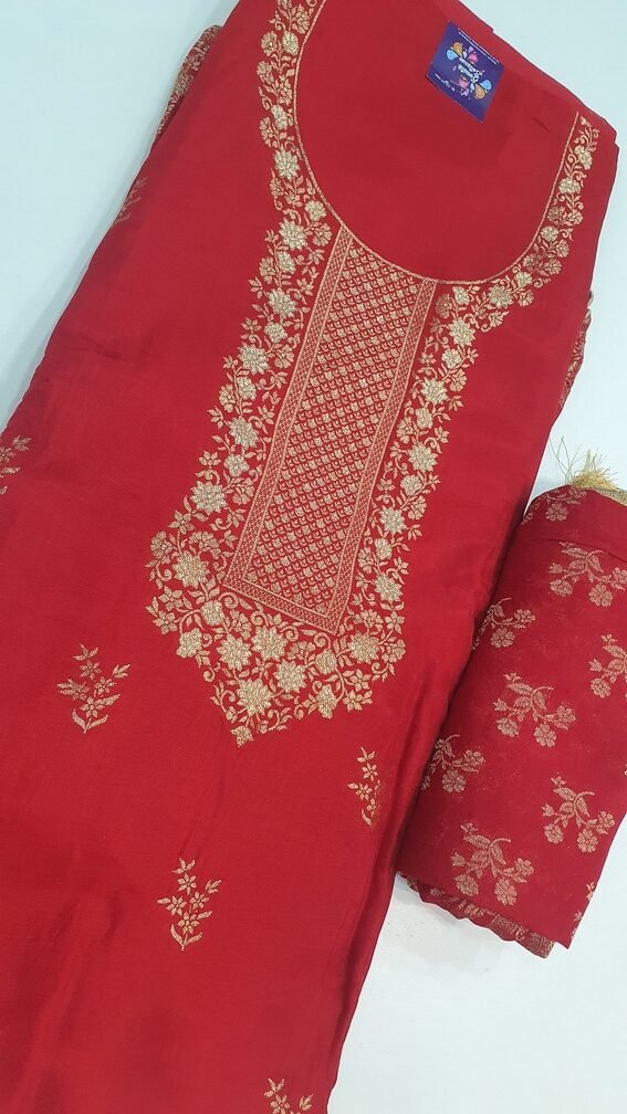 Floral Designer Red and Gold Banaras Shalwar Material Floral Designer Red and Gold Banaras Shalwar Material