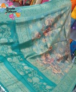 Peacock Green and Peach Colour Floral Designer Digital Print Organza Silk Saree