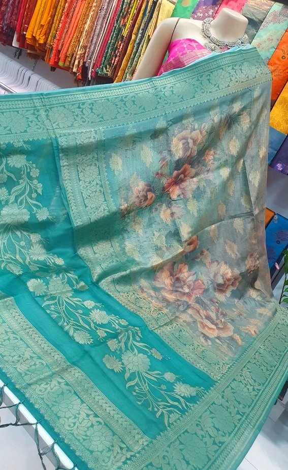 Peacock Green and Peach Colour Floral Designer Digital Print Organza Silk Saree