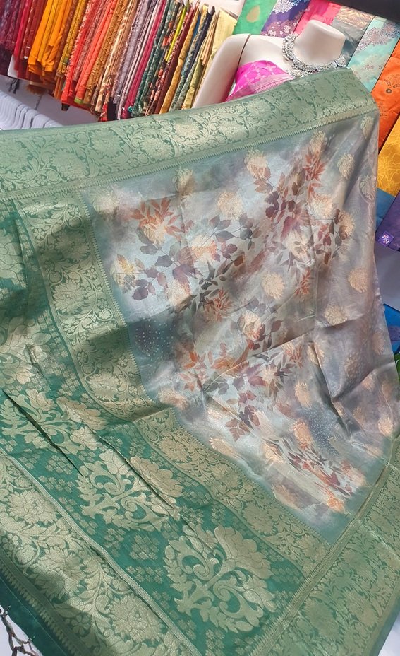 Green and Peach Colour Floral Designer Digital Print Organza Silk Saree