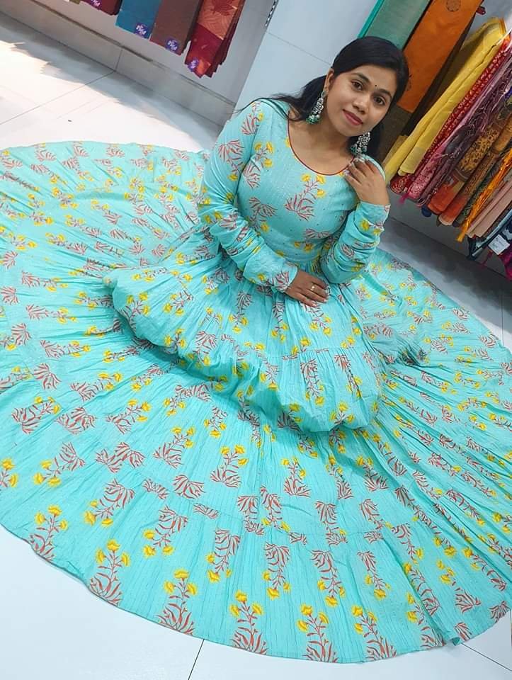 Light Sky Blue Premium Pure Cotton Full Flared Anarkali Designer Women Kurthi Light Sky Blue Premium Pure Cotton Full Flared Anarkali Designer Women Kurthi
