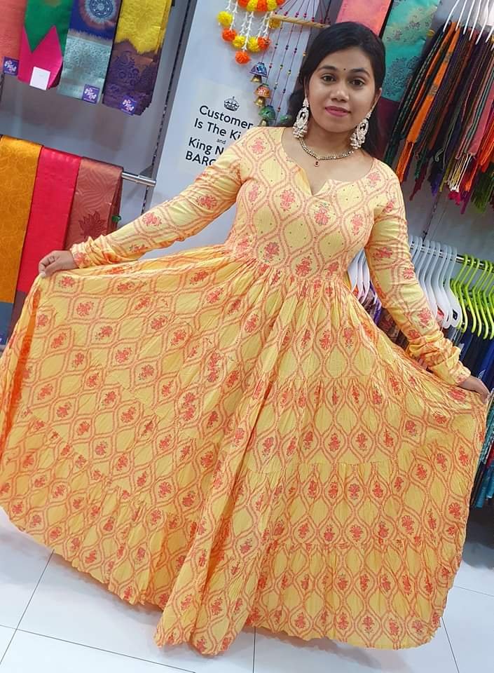 Yellow and Pink Colour Premium Pure Cotton Full Flared Anarkali Designer Women Kurthi Yellow and Pink Colour Premium Pure Cotton Full Flared Anarkali Designer Women Kurthi - Image 2