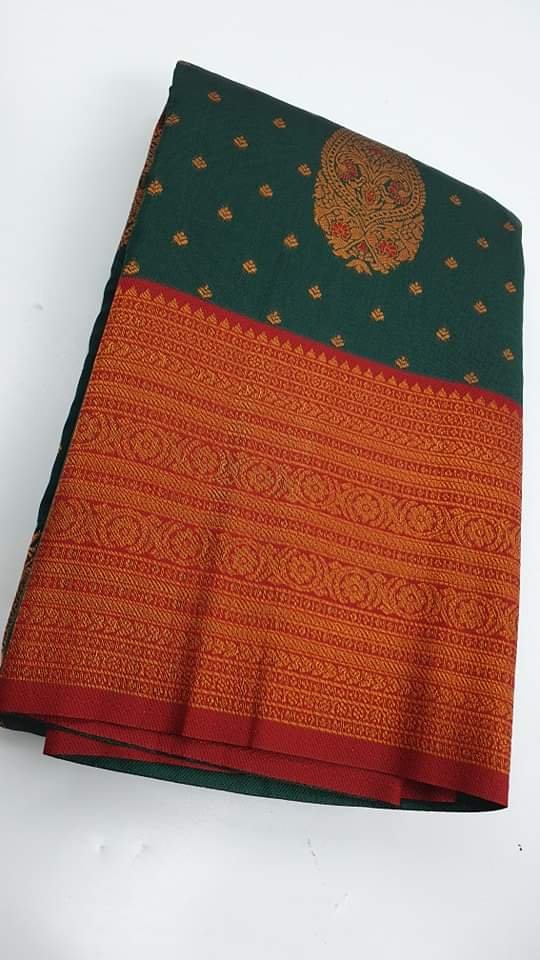 Floral Designer Dark Green and Maroon and Gold Big Border Semi Silk Saree