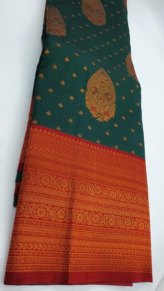 Floral Designer Dark Green and Maroon and Gold Big Border Semi Silk Saree - Image 2