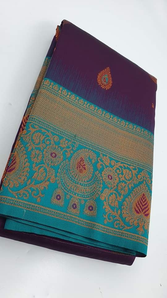 Mango and Jhumkha Designer Purple and Pecock Blue Big Border Semi Silk Saree