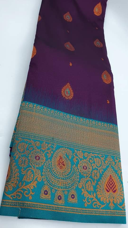 Mango and Jhumkha Designer Purple and Pecock Blue Big Border Semi Silk Saree - Image 3