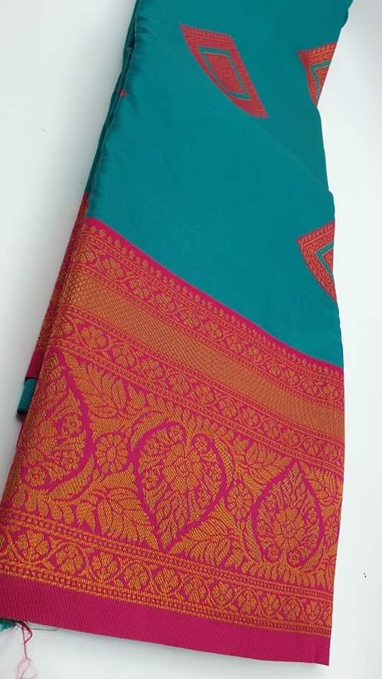 Floral Designer Blue and pink and Gold Big Border Semi Silk Saree - Image 2