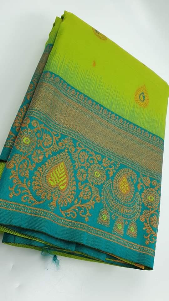 Mango and Jhumkha Designer Peacock Green and Peacock Blue Big Border Semi Silk Saree