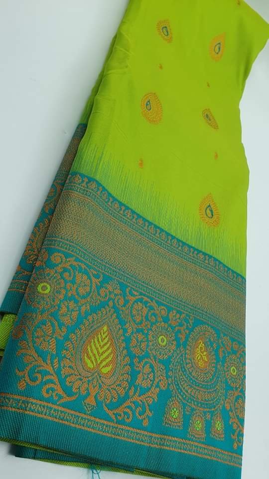 Mango and Jhumkha Designer Peacock Green and Peacock Blue Big Border Semi Silk Saree - Image 2