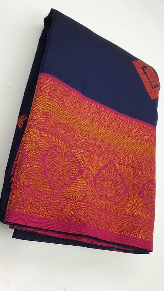 Floral Designer Navy Blue and Pink Big Border Semi Silk Saree