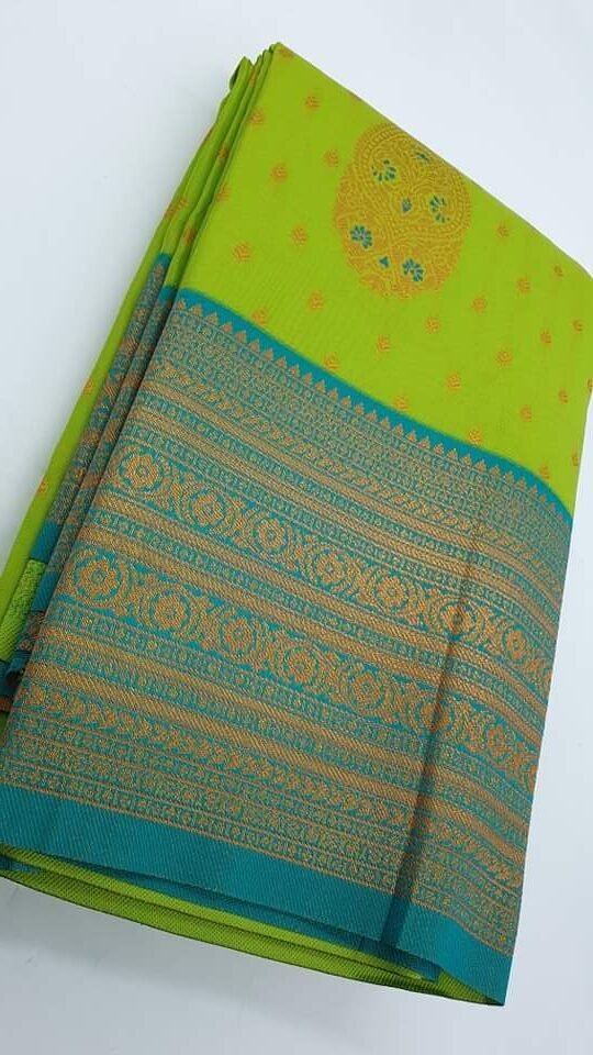 Designer Peacock Green and Peacock Blue Big Border Semi Silk Saree