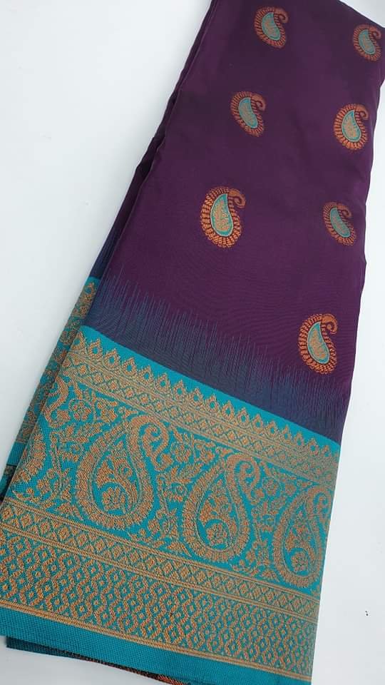 Mango Designer Purple Peacock Blue Big Border Semi Silk Saree - Image 2