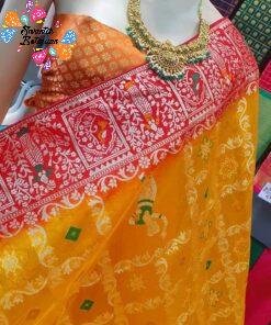 Yellow and Red Colour Premium Dancing Women's designer Banarasi Silk Saree Yellow and Red Colour Premium Dancing Women's designer Banarasi Silk Saree