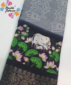 Grey and Black Pichwai Cow Designer Pencil Jaquard Kalamkari Silk Saree