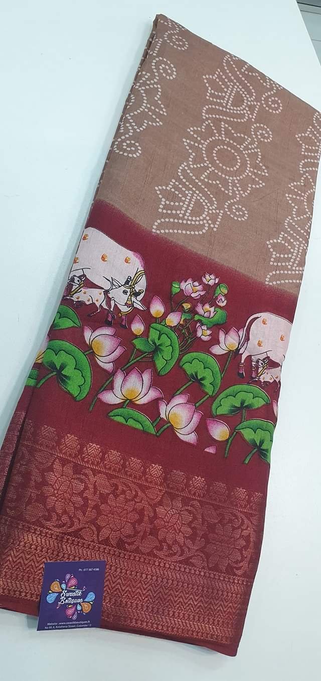 Brown and Maroon Pichwai Cow Designer Pencil Jaquard Kalamkari Silk Saree - Image 2