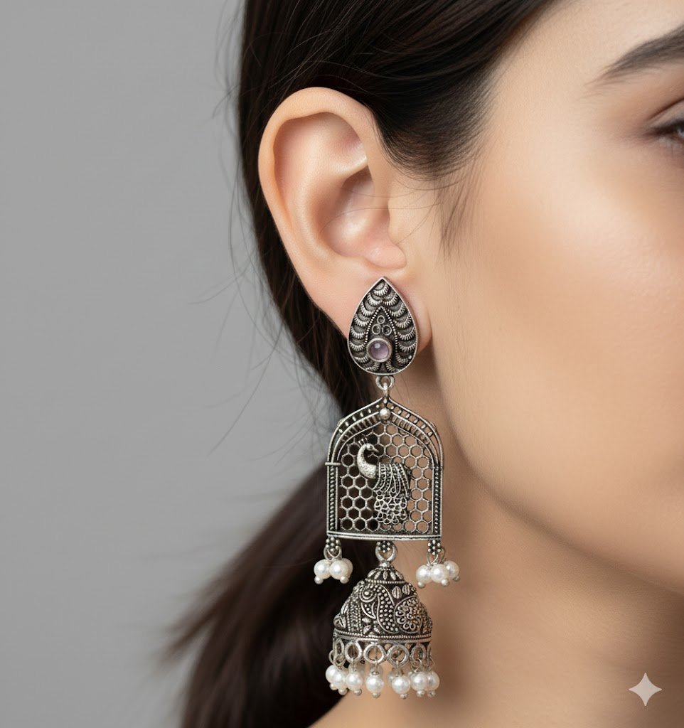 Peacock Designer Oxidised Silver Jhumkha Peacock Designer Oxidised Silver Jhumkha