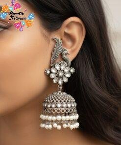 Peacock Designer Oxidised Silver Jhumkha
